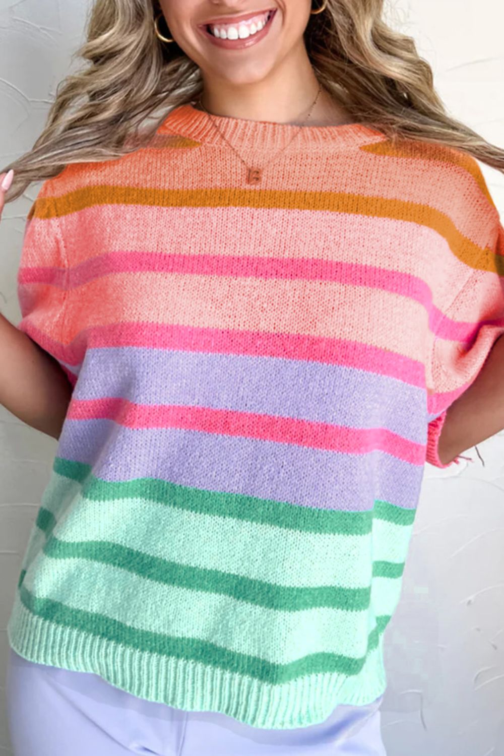 Alejandra® | Striped crew neck sweater with half sleeves