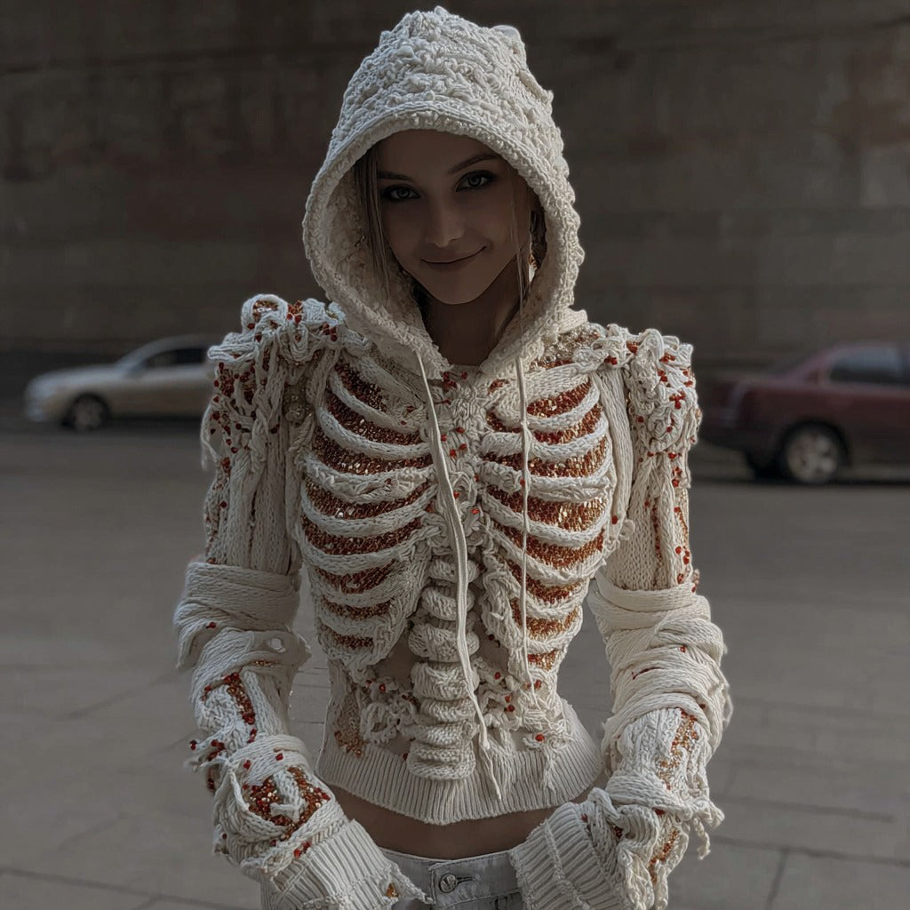 Women's Halloween Skull Sequined Knit Hooded Sweater artswardrobe