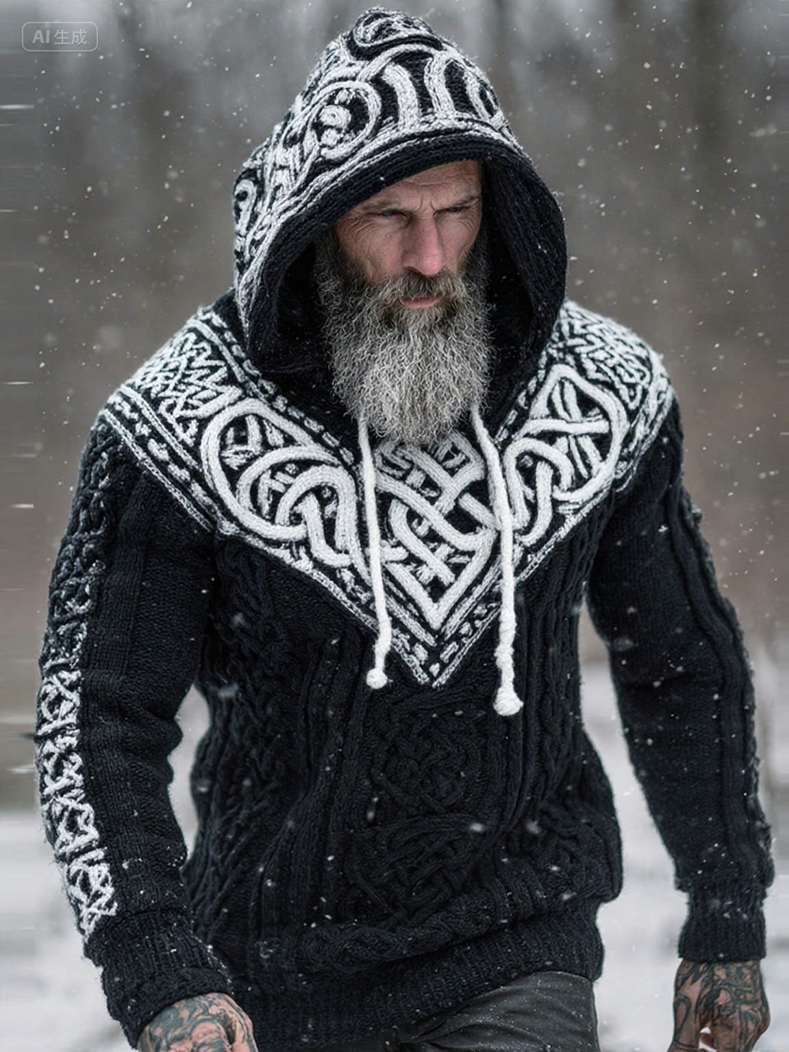 Men's Viking Tribal Jacquard Celtic Knotwork Inspired Chunky Knit Hooded Sweater artswardrobe