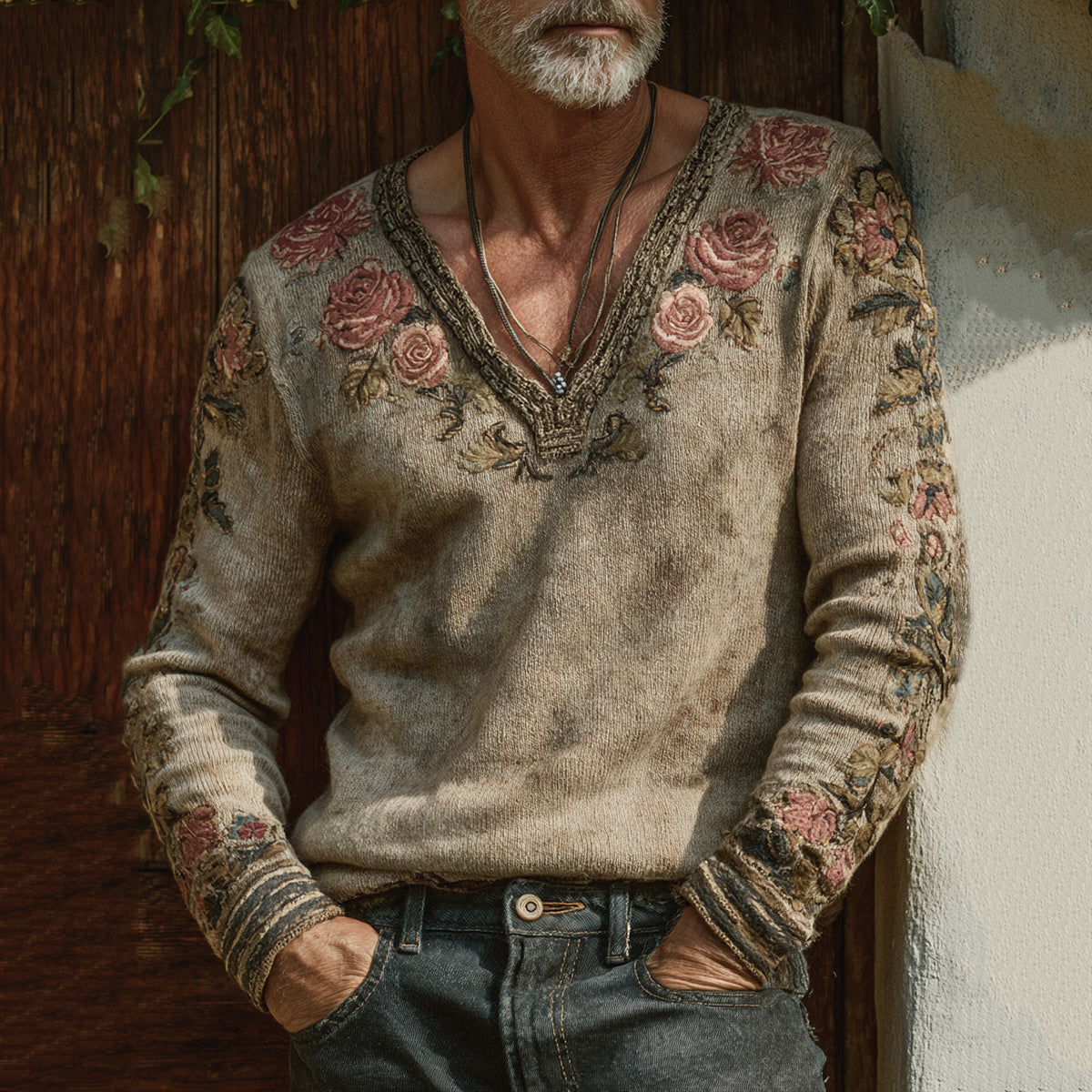 Men's Vintage Floral Art Jacquard Thick Warm V Neck Sweater artswardrobe
