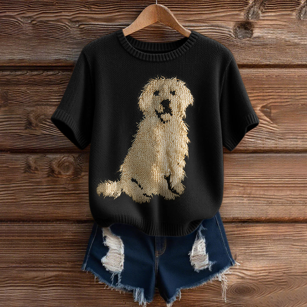 Vintage Classic Fuzzy Golden Retriever Dog Felt Inspired Short Sleeve Cozy Knit Sweater artswardrobe