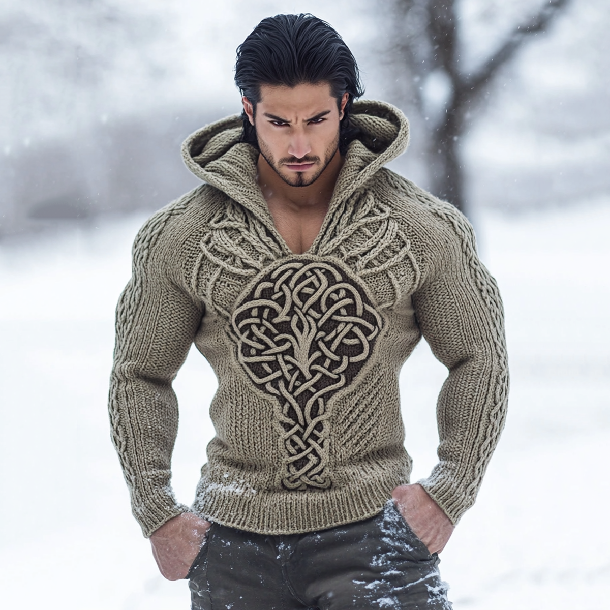 Irish Celtic Tree Of Life Jacquard Cozy Knit Hooded Sweater artswardrobe
