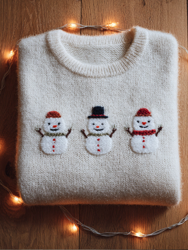 Christmas Hat Wearing Snowman Round Neck Sweater artswardrobe