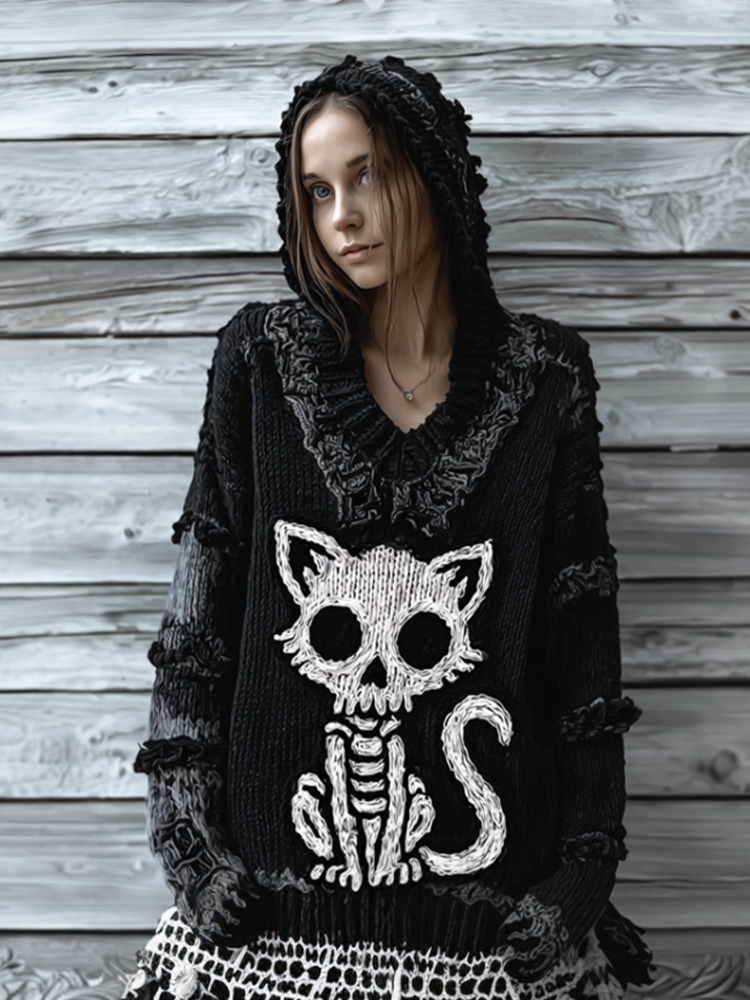 Halloween Cat And Skeleton Pattern Women's V-neck Hooded Knit Sweater elevenforest