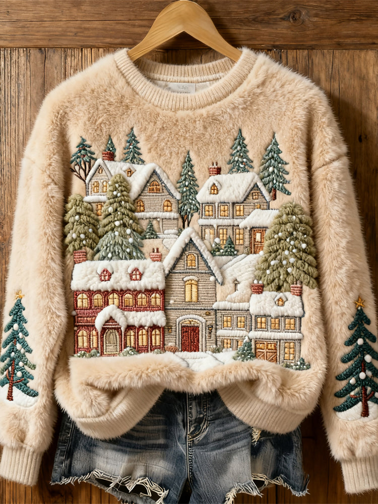 Comstylish Christmas Tree Snow Scene Embroidery Women's Cozy Plush Sweater