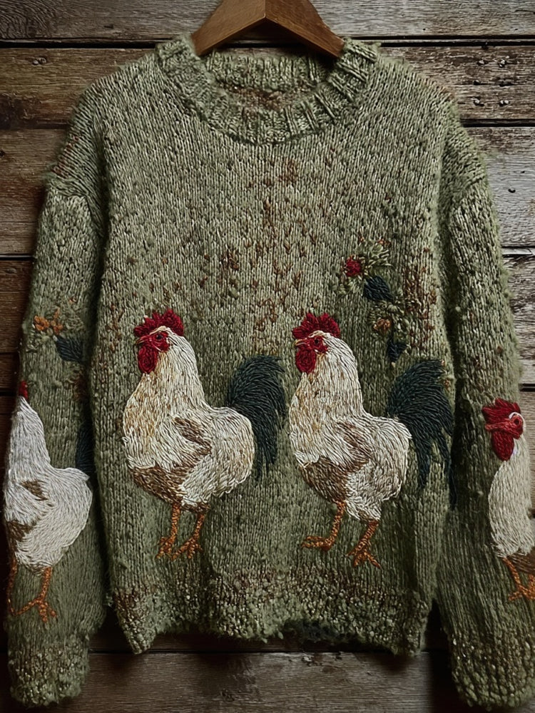 Vintage Roosters Embroidered Crew Neck Cozy Knit Sweater artswardrobe