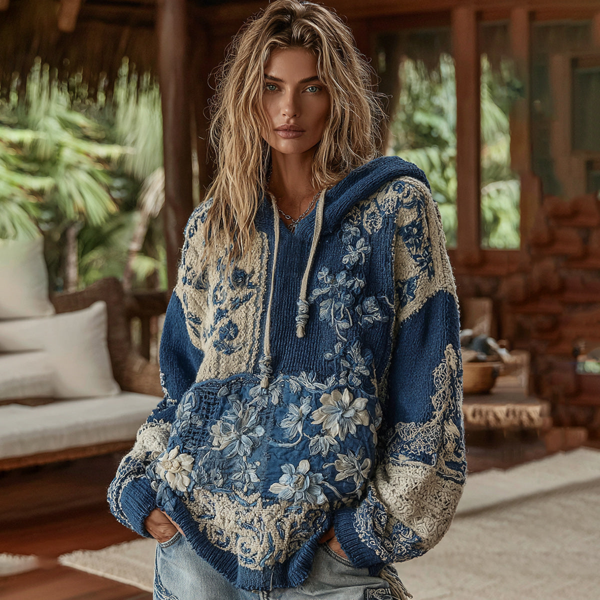 Vintage Bohemian Floral With Japanese Traditional Sashiko Patchwork Art Embroidery Inspired Hooded Sweater artswardrobe