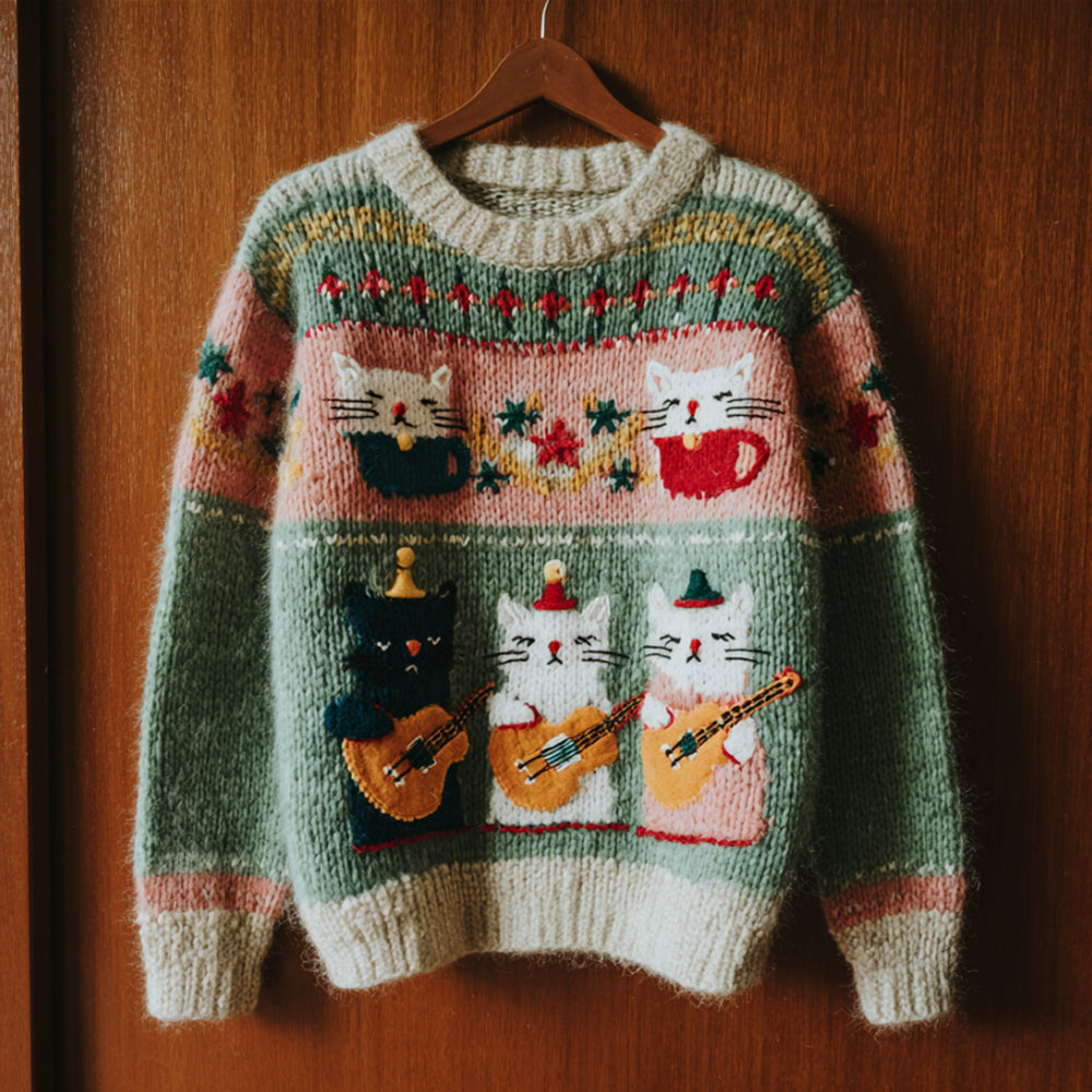 Cat Playing Guitar Crew Neck Sweater elevenforest