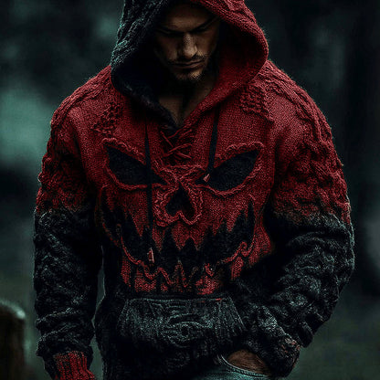 Men's Halloween Pumpkin Face Gradient Jacquard Knit Hooded Sweater artswardrobe