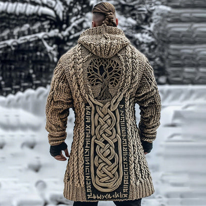 Men's Viking Tribal Jacquard Celtic With Tree Of Life Inspired Chunky Knit Zipped Hooded Sweater artswardrobe