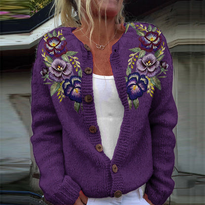 Vintage Embroidery Floral Art Knit Button Sweater artswardrobe