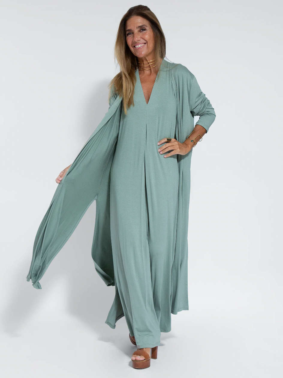 Turquoise dress + vest in turquoise