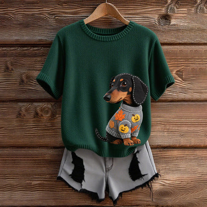 Classic Autumn Dachshund With Felt In Autumn Inspired Embroidered Short Sleeve Cozy Knit Sweater artswardrobe
